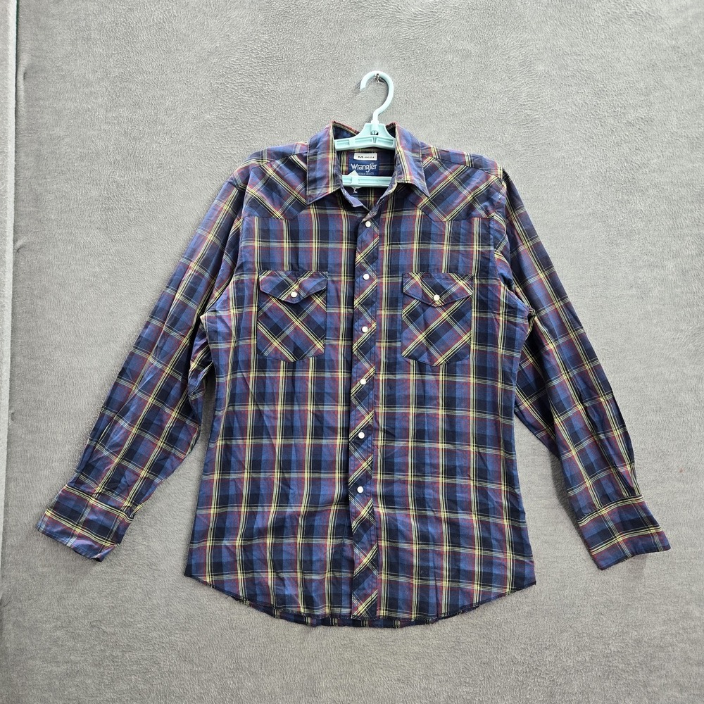 Wrangler Men Button Up Shirt M Blue Plaid Western Pearl Snap‎